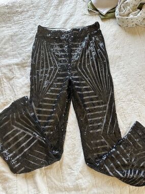 Black Sequin Patterned Wide-Leg Pants